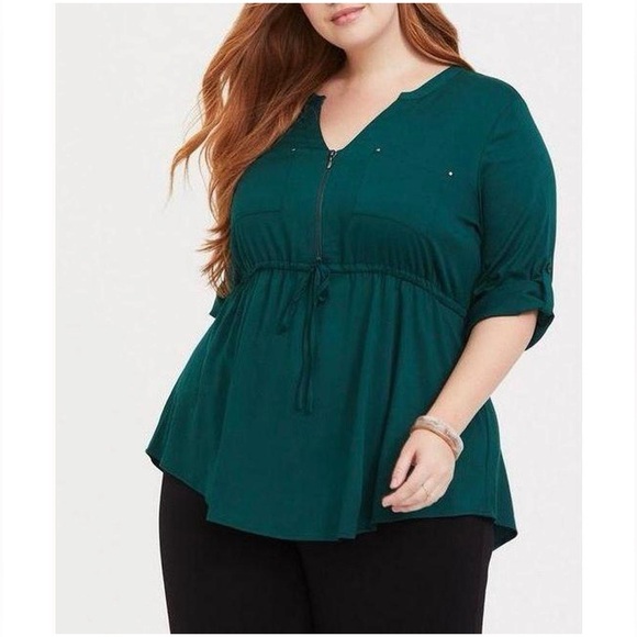 Green Babydoll Stretch Challis Zip Front Torrid Tunic Casual Top 0 (L) #1861 - Picture 2 of 10